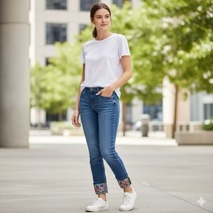 Stitch‎ Star Women's Blue Cropped Stretch Boho Jeans Floral Embroidery size 8